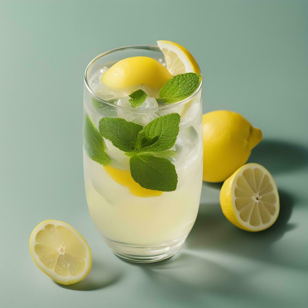 ai generato limonata con menta e limoni su un' blu sfondo foto