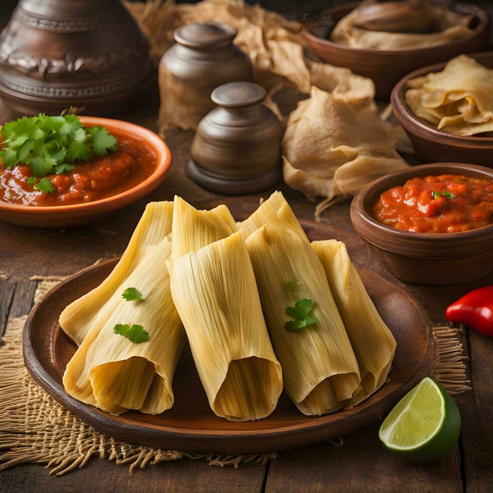 ai generato messicano tamales tamales con salsa e verdure su di legno tavolo foto