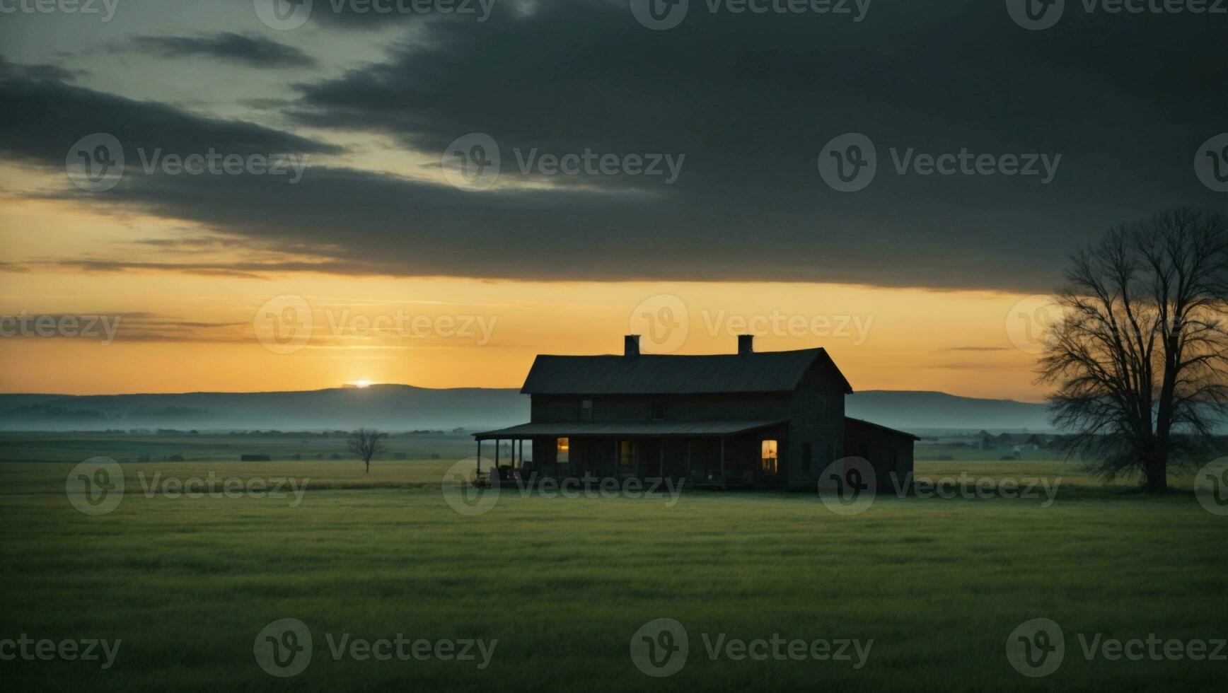 ai generato un' agriturismo nel il mezzo di un' campo a tramonto foto