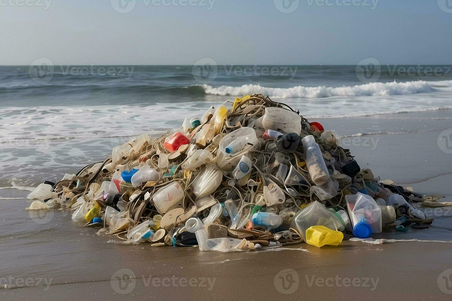 ai generato plastica borse e altro spazzatura su il spiaggia foto