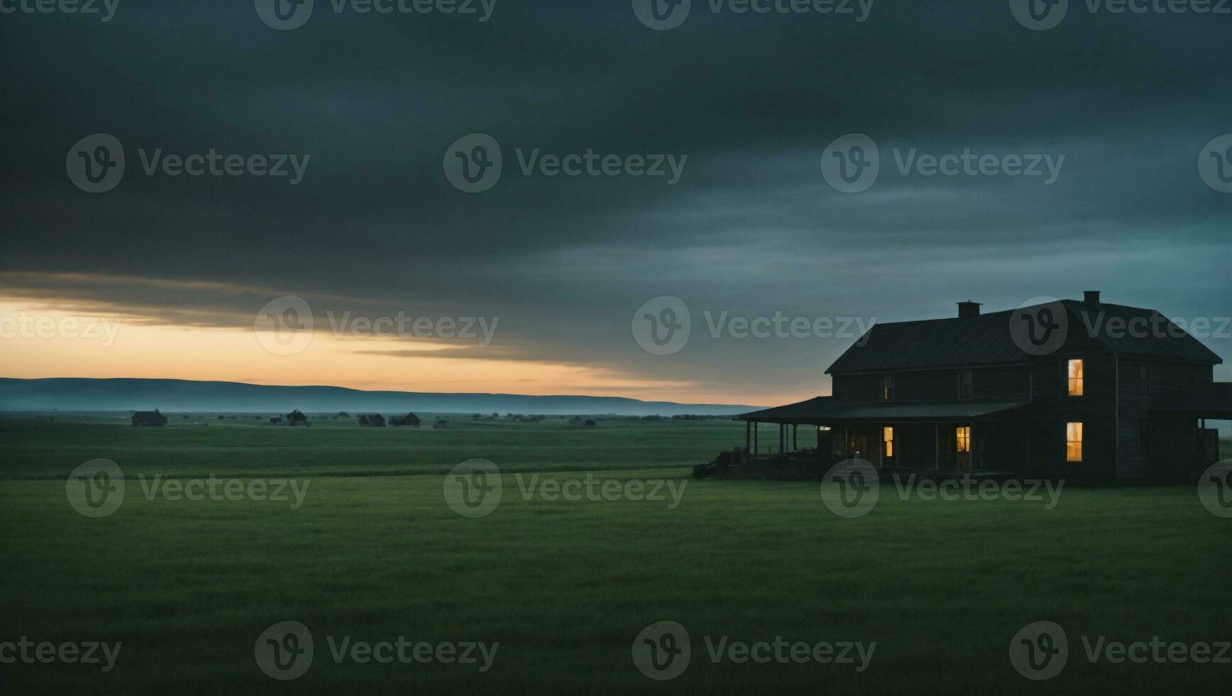 ai generato un' agriturismo nel il mezzo di un' campo a tramonto foto