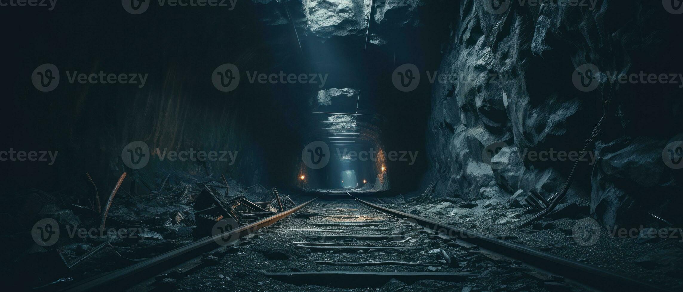 ai generato misterioso metropolitana tunnel con abbandonato treno traccia. ai generativo. foto