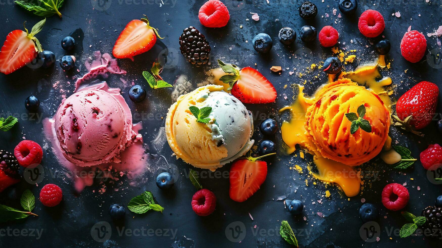 ai generato colorato palle di ghiaccio crema con frutti di bosco su buio sfondo a partire dal sopra, piatto posare foto