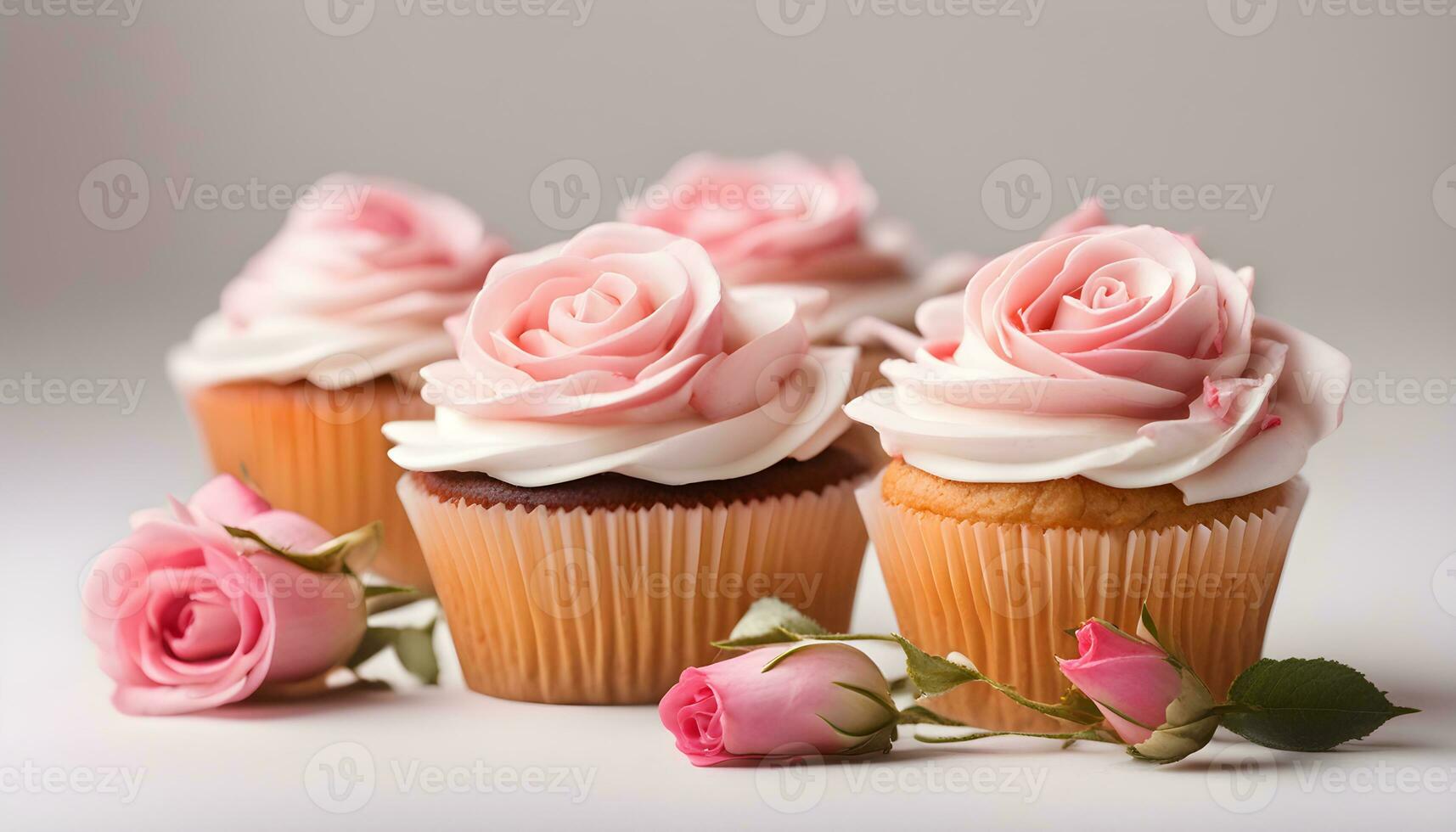 ai generato quattro cupcakes con rosa glassa e Rose foto