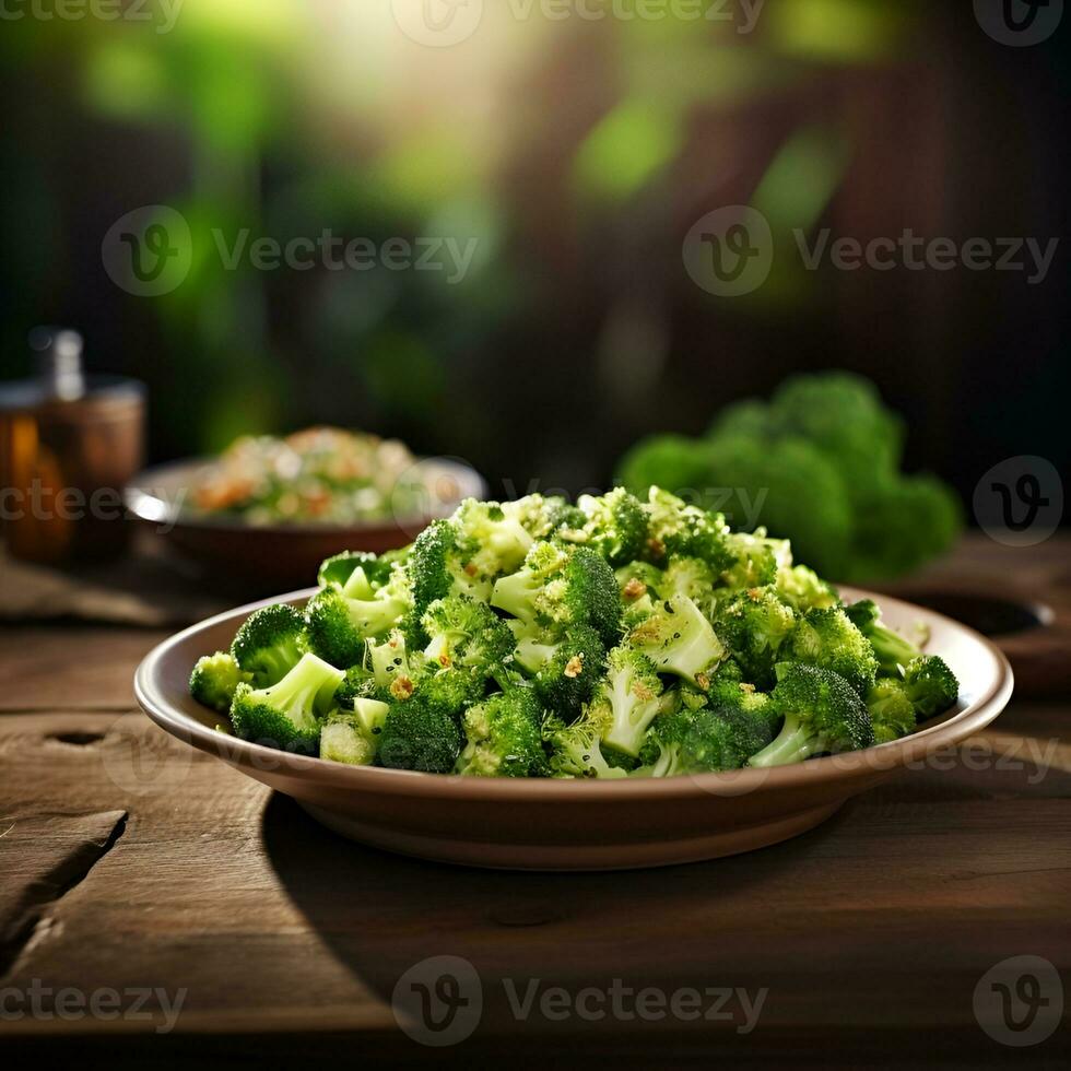 ai generato broccoli insalata su di legno piatto foto