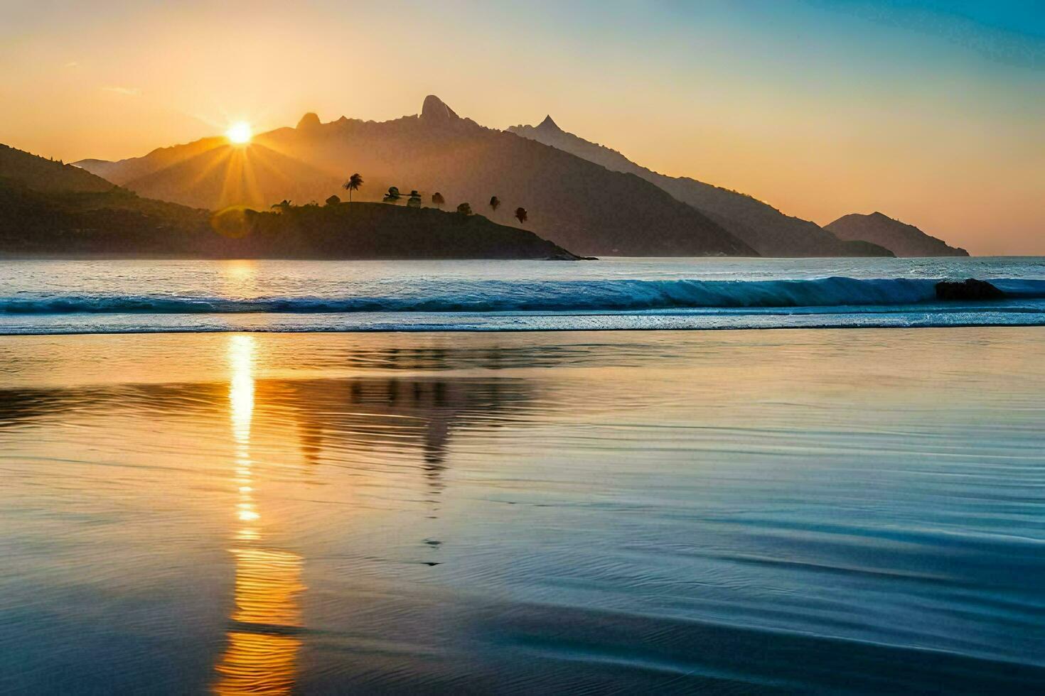 il sole sorge al di sopra di il oceano e montagne. ai-generato foto