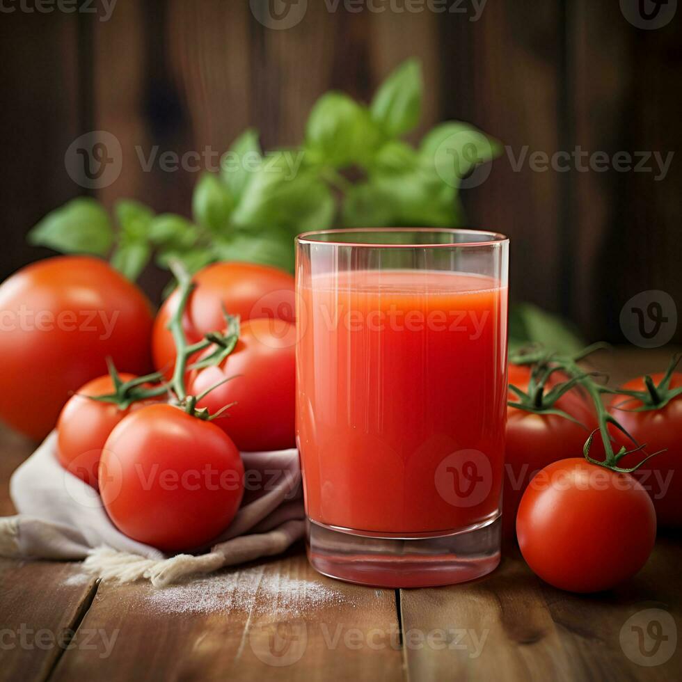 ai generato bicchiere di fresco pomodori succo con pomodori verdure foto