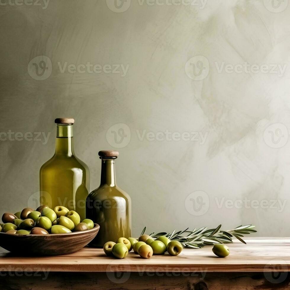 ai generato bottiglia di olive olio e olive frutta . copia spazio. salutare cibo ingrediente foto