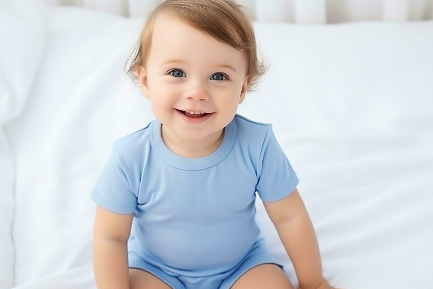 ai generato carino poco bambino nel blu maglietta. bambino body modello. foto