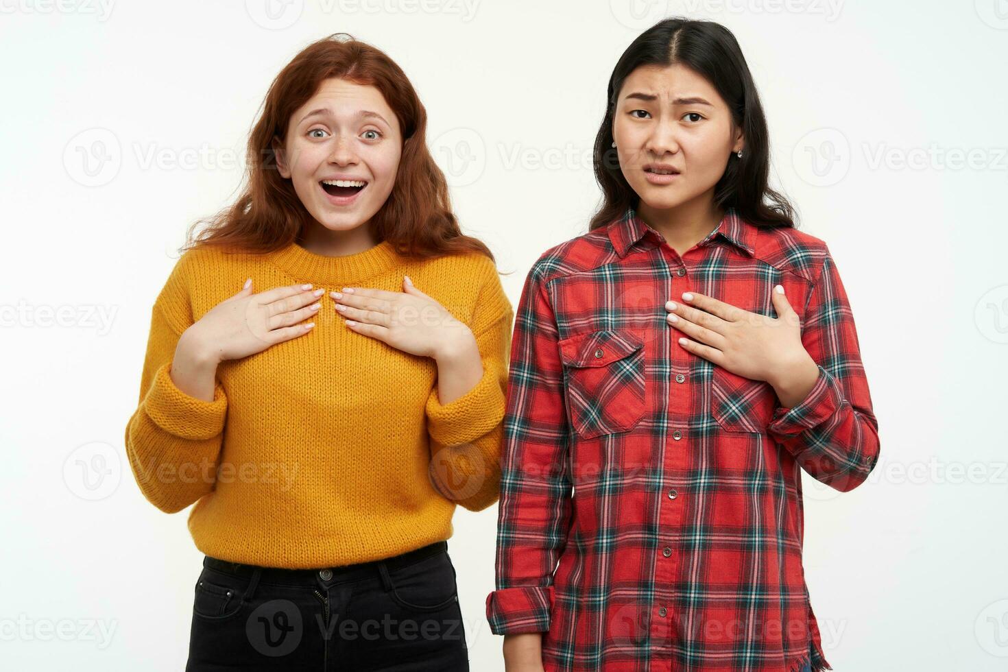 ritratto di asiatico e caucasico gli amici. puntamento su loro stessi, avere diverso sentimenti. indossare giallo maglione e scacchi camicia. Guardando a il telecamera, isolato al di sopra di bianca sfondo foto