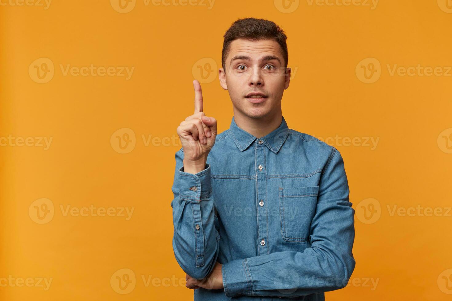 tipo avuto un' freddo idea. giovane uomo nel di moda denim camicia sembra ispirato, detiene il suo indice dito verso l'alto guardare a il telecamera, il giusto pensato aveva è venuto foto