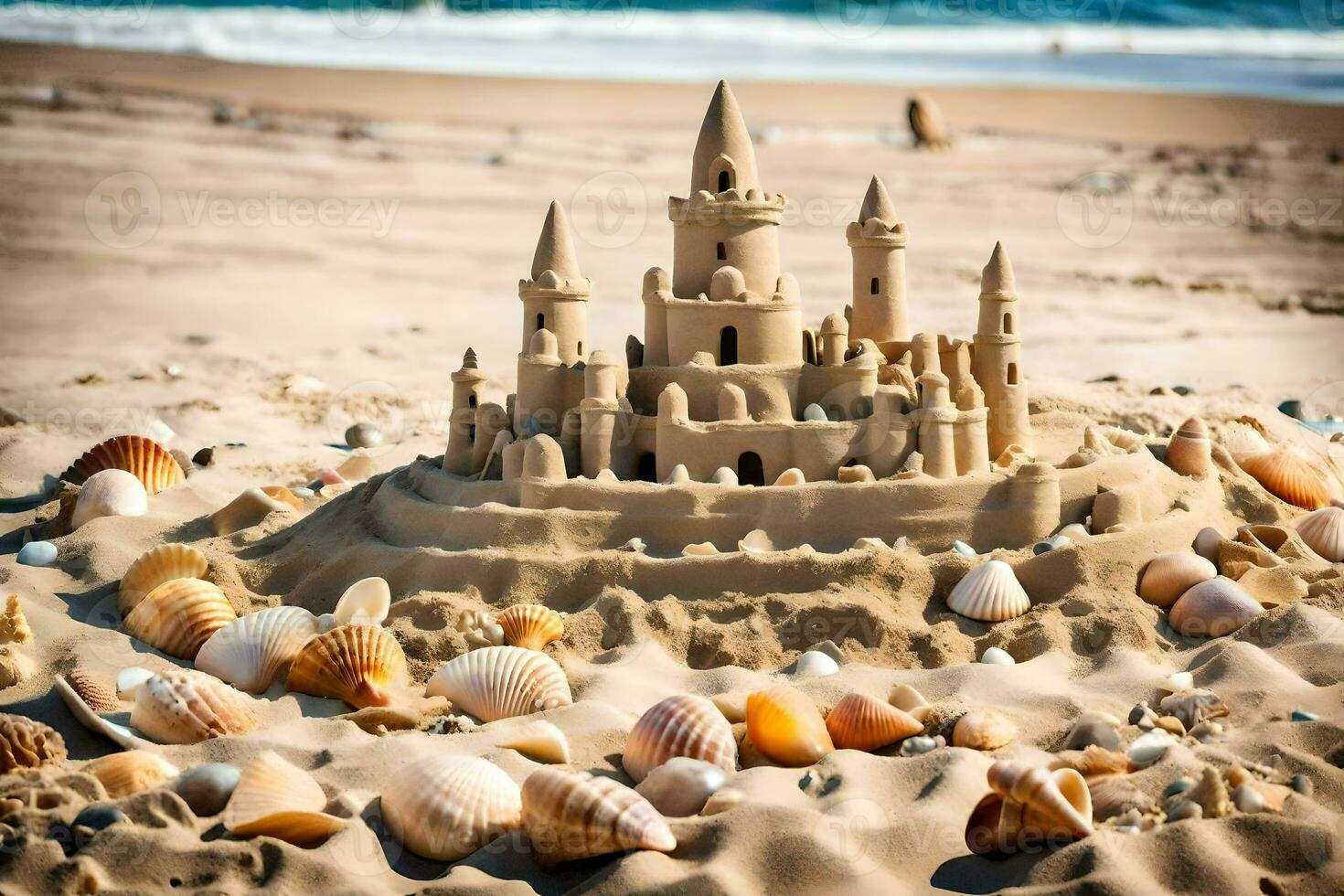 ai generato un' sabbia castello su il spiaggia con conchiglie foto