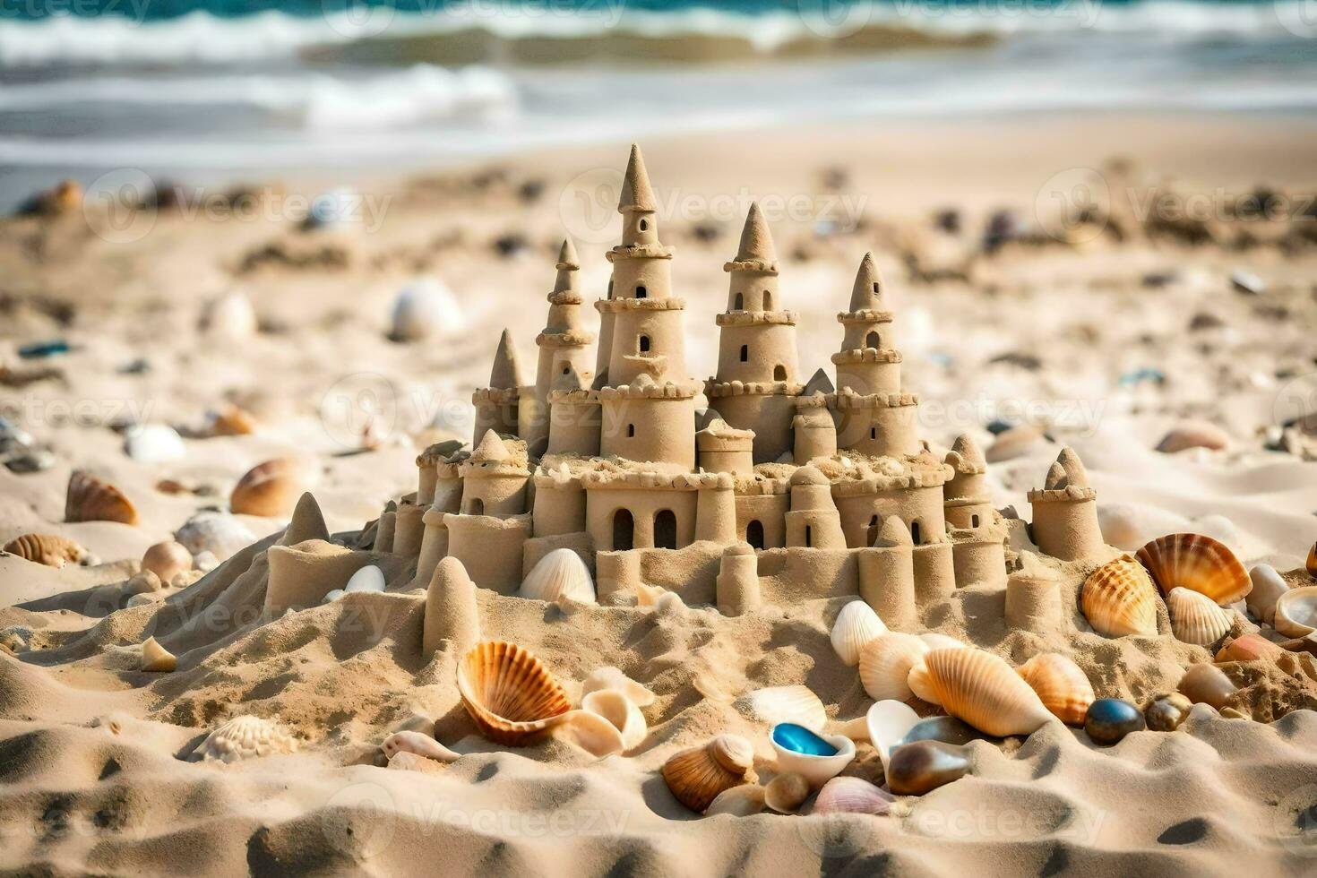 ai generato sabbia castello su il spiaggia foto