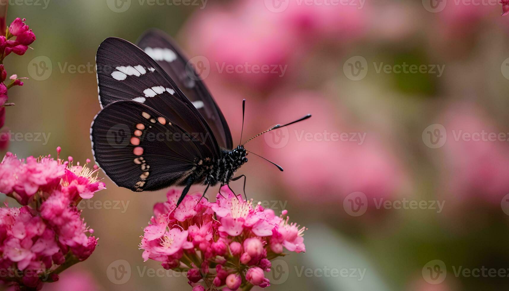 ai generato un' nero farfalla è seduta su alcuni rosa fiori foto