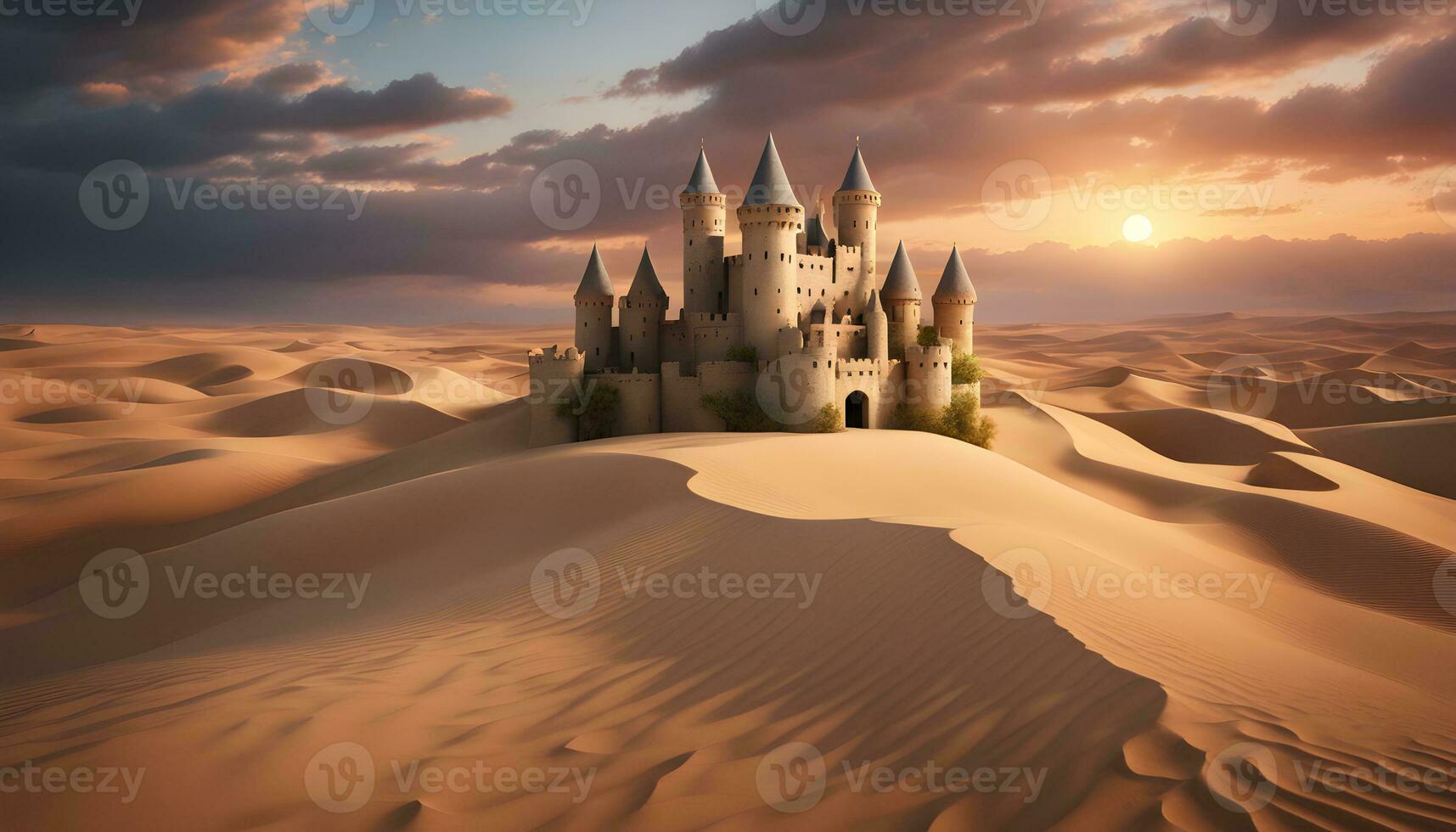 ai generato un' castello nel il deserto con un' tramonto foto