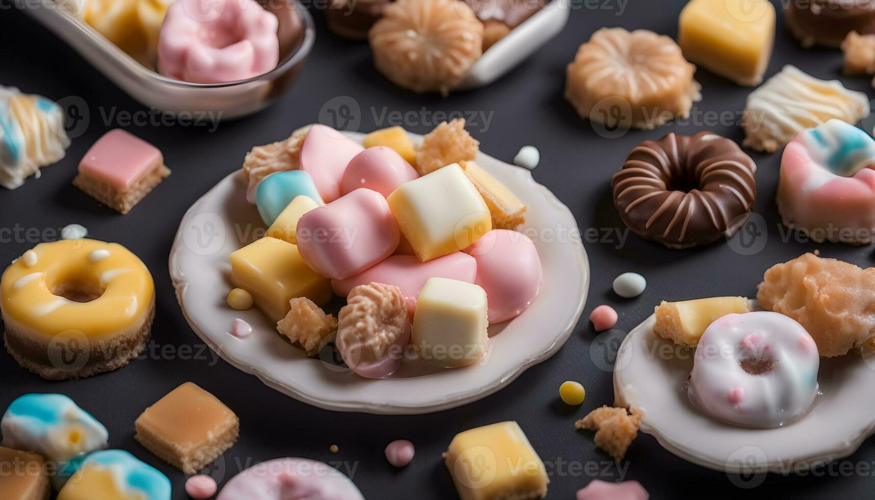 ai generato assortito dolci su un' piatto foto