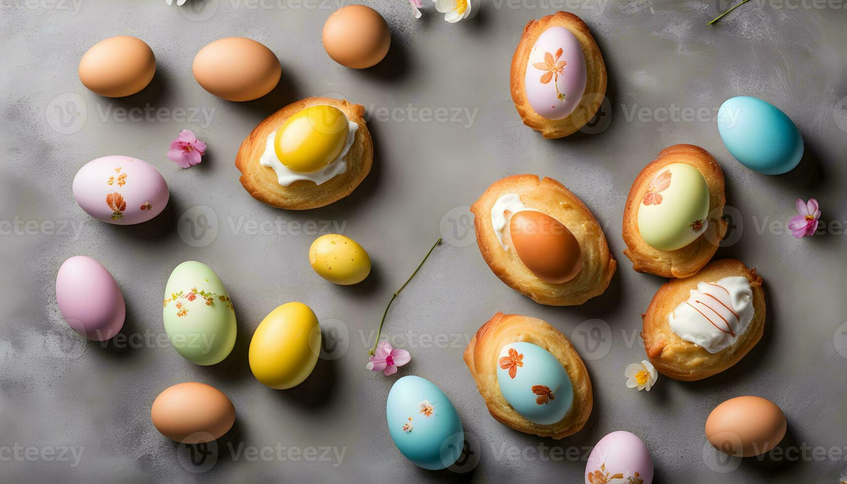 ai generato Pasqua uova con fiori e crema su un' grigio sfondo foto