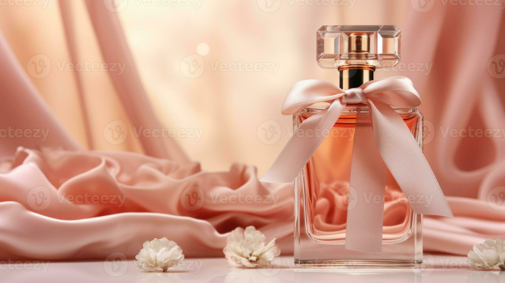 ai generato lusso profumo, cosmetico premio bicchiere bottiglia. striscione, manifesto per bellezza promozione di elegante Prodotto per Annunci su drappeggiato seta tessuto capi di abbigliamento elegants sfondo con perle. generativo ai foto