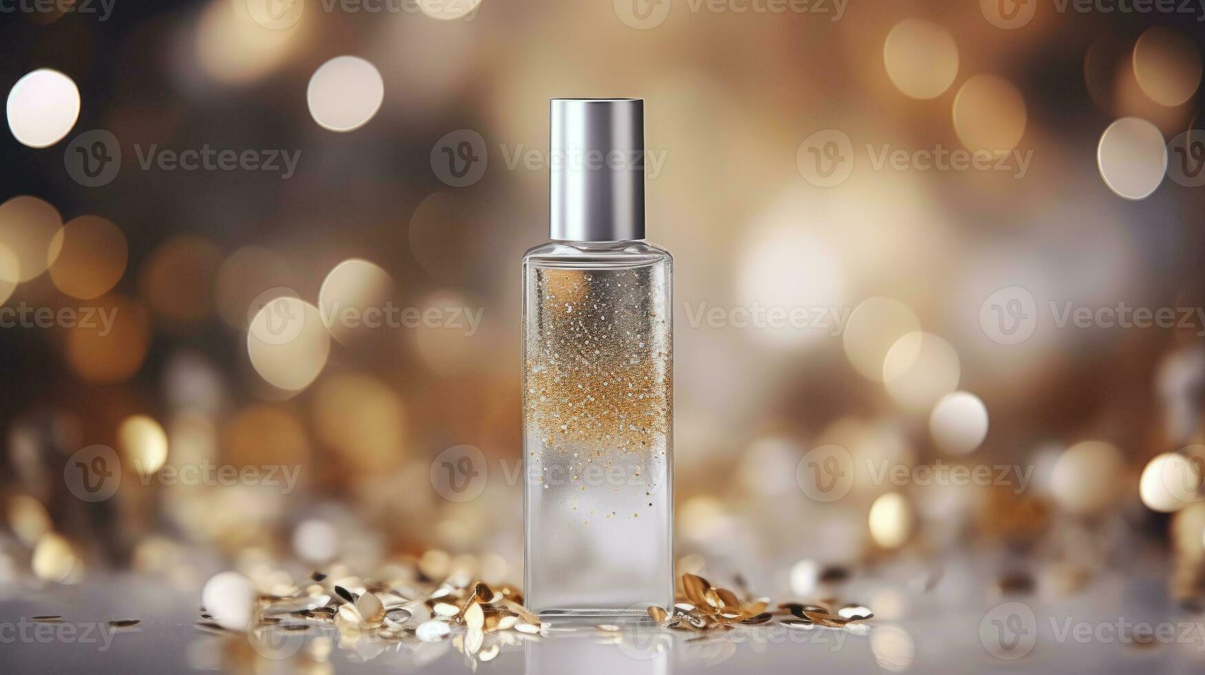 ai generato lusso profumo, cosmetico premio bicchiere bottiglia. striscione, manifesto per bellezza promozione di elegante Prodotto per Annunci su drappeggiato seta tessuto capi di abbigliamento elegants sfondo con perle. generativo ai foto