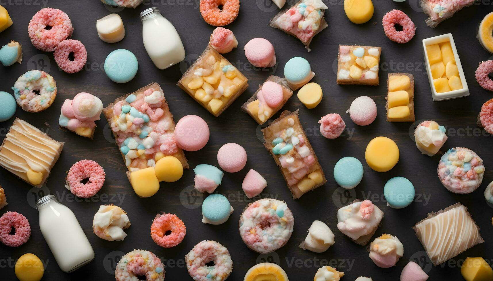 ai generato assortimento di dolci e dolci su un' buio sfondo foto