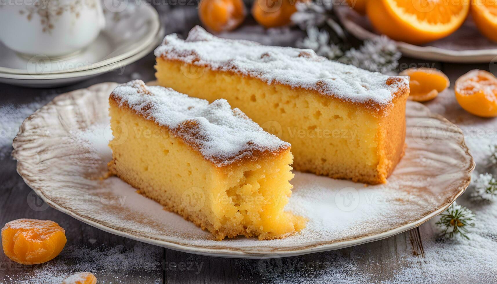 ai generato un' fetta di torta con in polvere zucchero su superiore foto