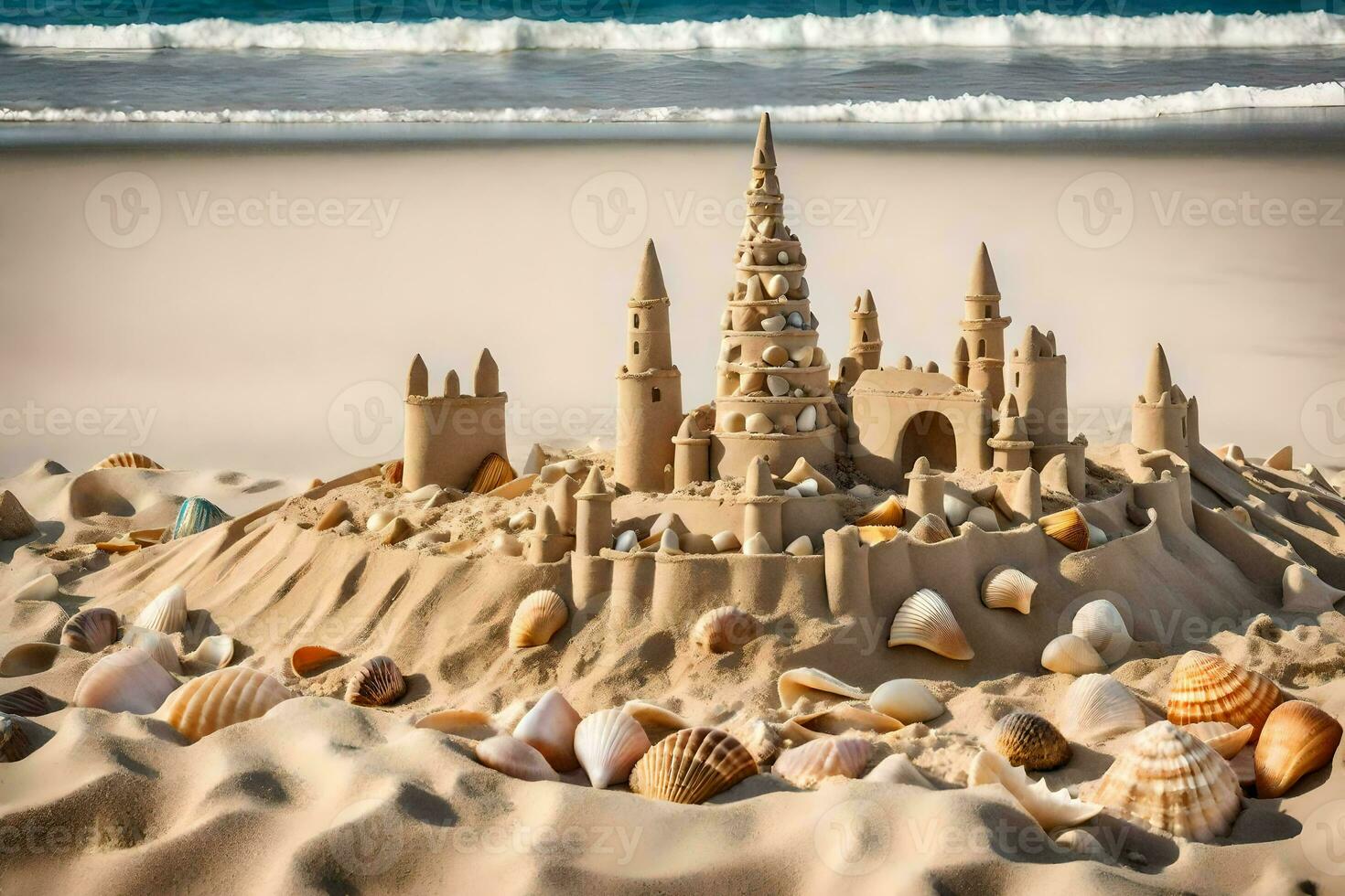 ai generato un' castello fatto su di sabbia e conchiglie su il spiaggia foto