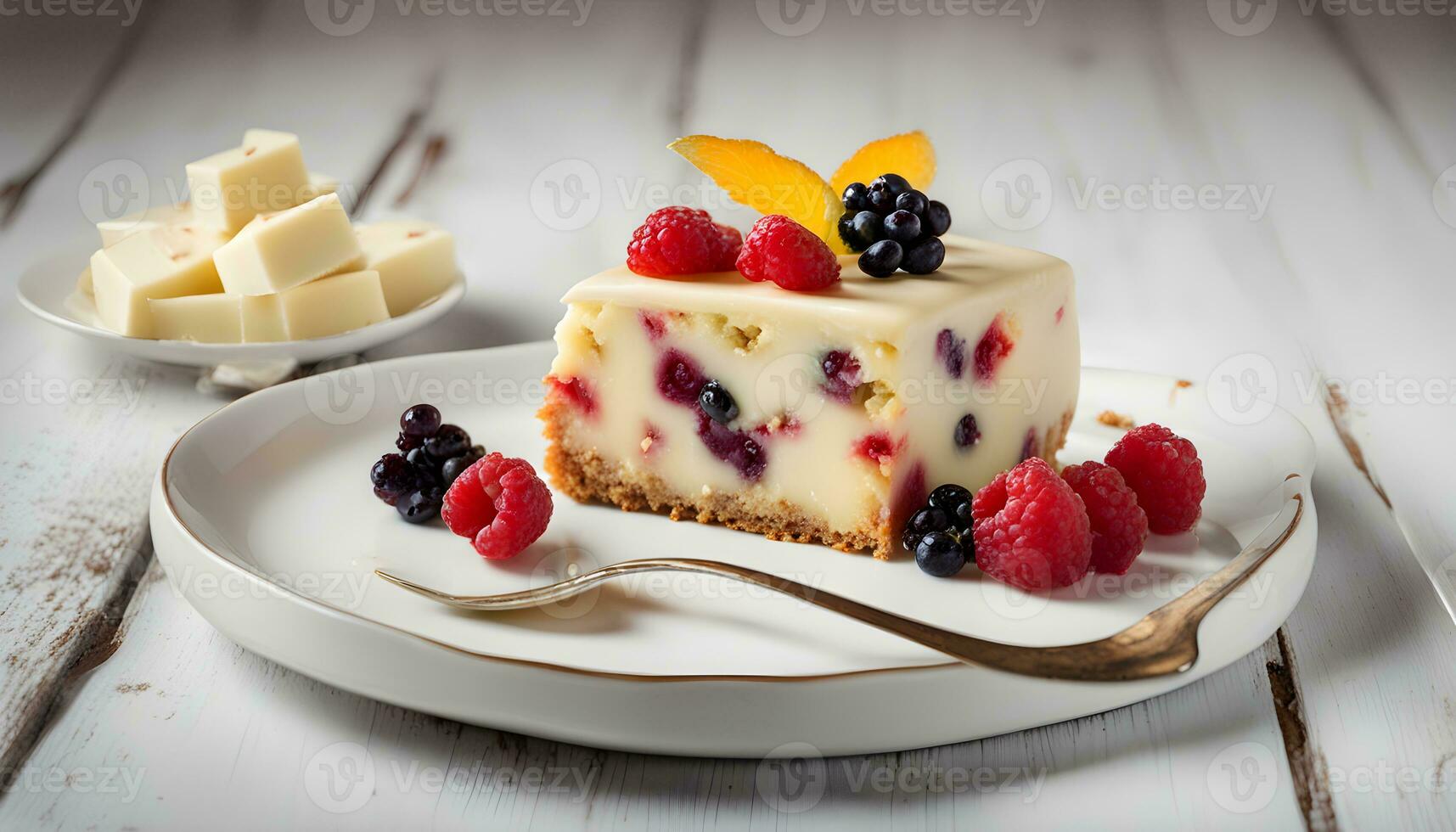 ai generato un' pezzo di torta di formaggio con frutti di bosco e un' cucchiaio foto