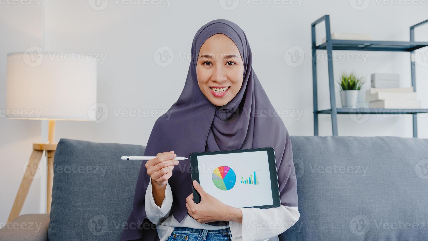 asia la signora musulmana indossa l'hijab usa il computer portatile parla con i colleghi del rapporto di vendita nella riunione di videochiamata mentre lavora a distanza da casa in soggiorno. distanziamento sociale, quarantena per il virus corona. foto