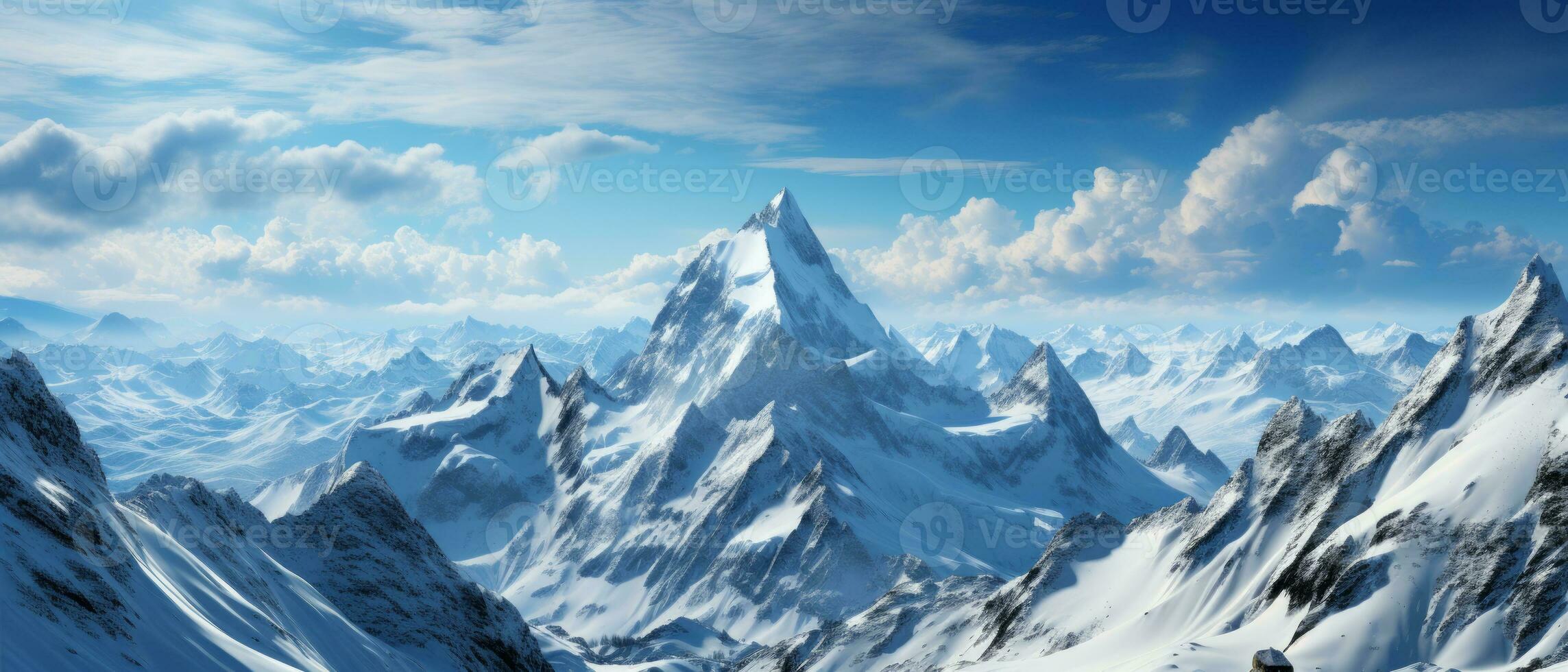 ai generato mozzafiato Visualizza di bianca, nevoso montagne sotto il sole, offerta un' Perfetto ambientazione per un' inverno vacanza o sciare ricorrere avventura. foto