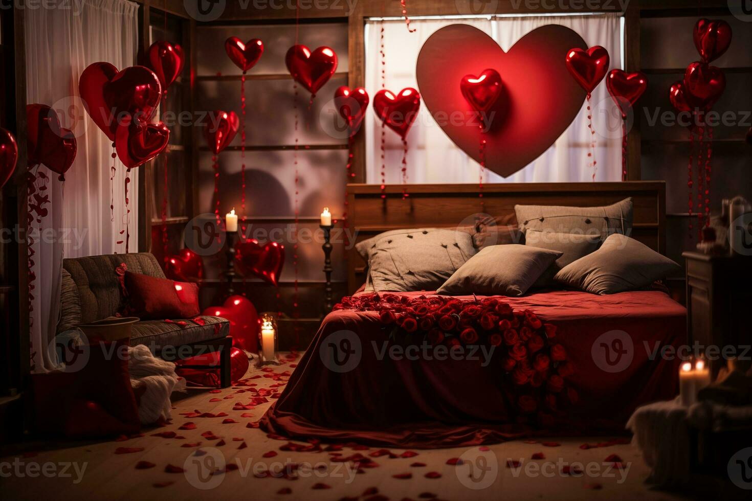 ai generato romantico San Valentino giorno Camera da letto arredamento foto