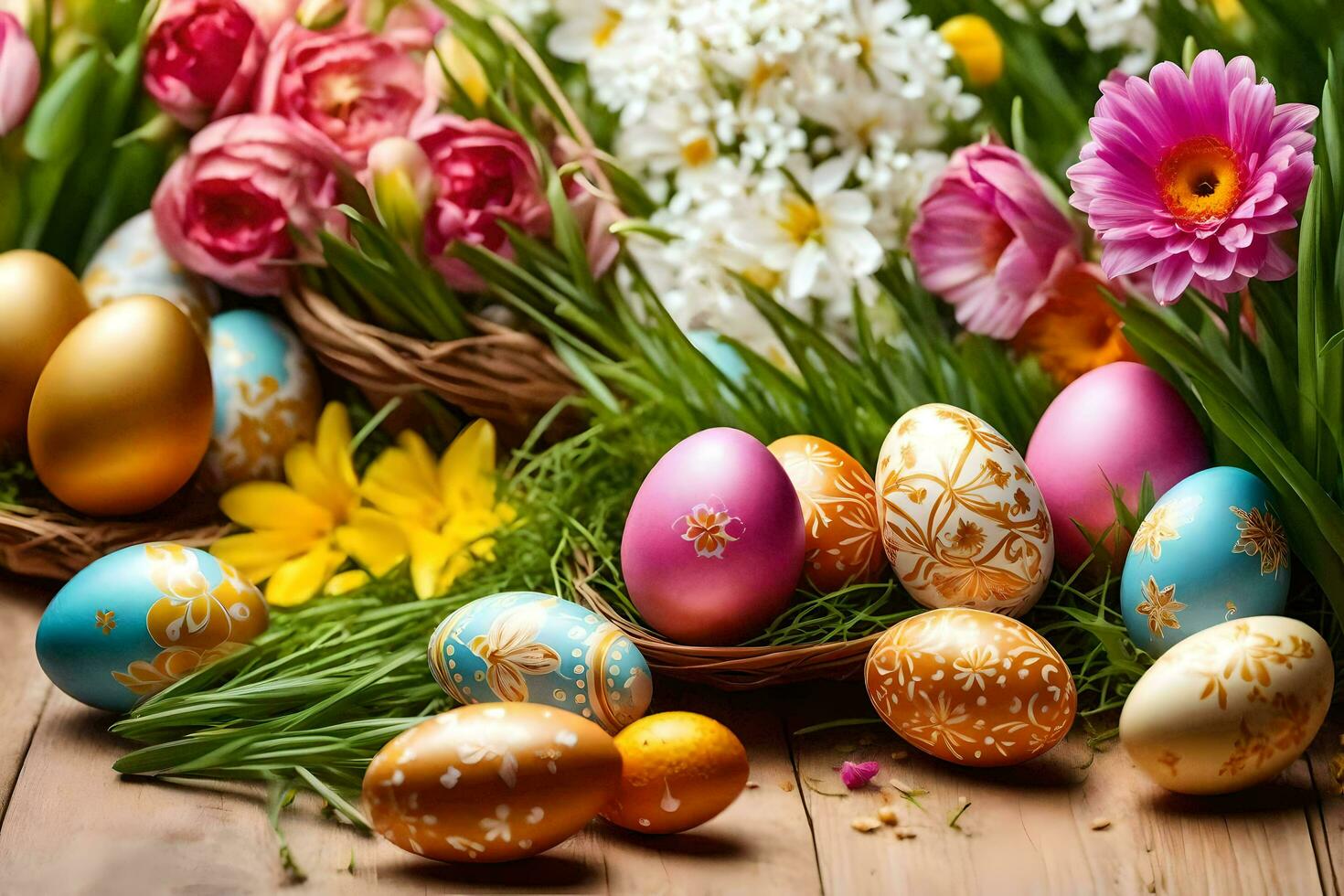 ai generato Pasqua uova e fiori su un' di legno tavolo foto