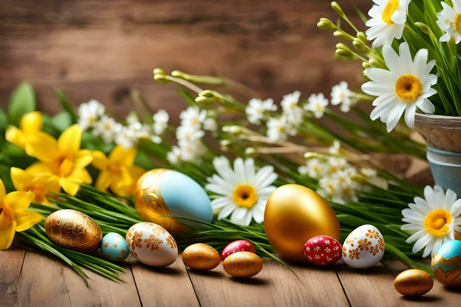 ai generato Pasqua uova e fiori su un' di legno tavolo foto