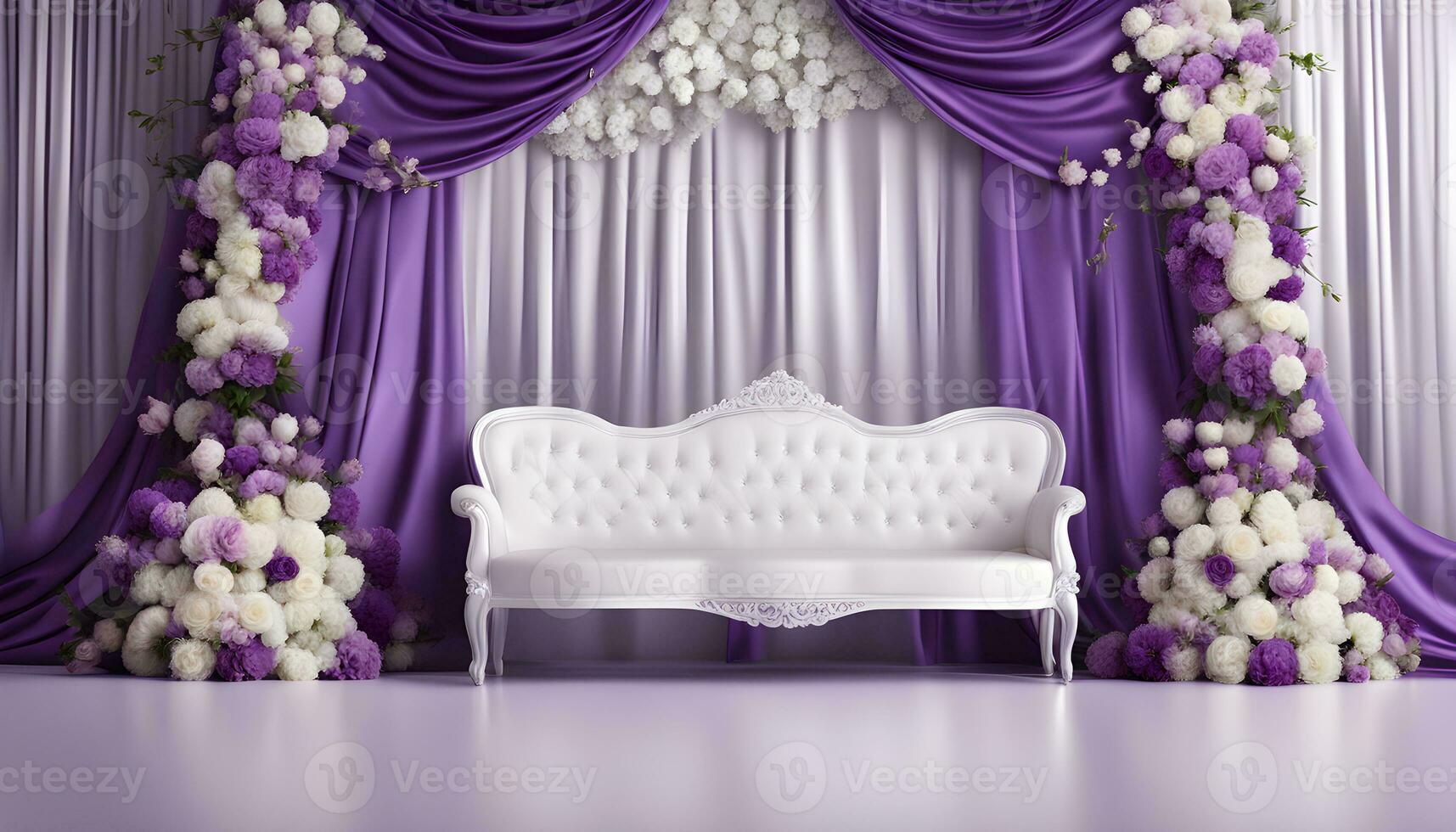 ai generato viola e bianca nozze palcoscenico con un' bianca divano foto