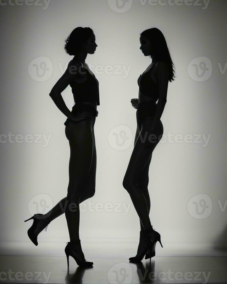 ai generato silhouette di tre donne nel nero e bianca vestiti, studio sparo. ai generativo foto