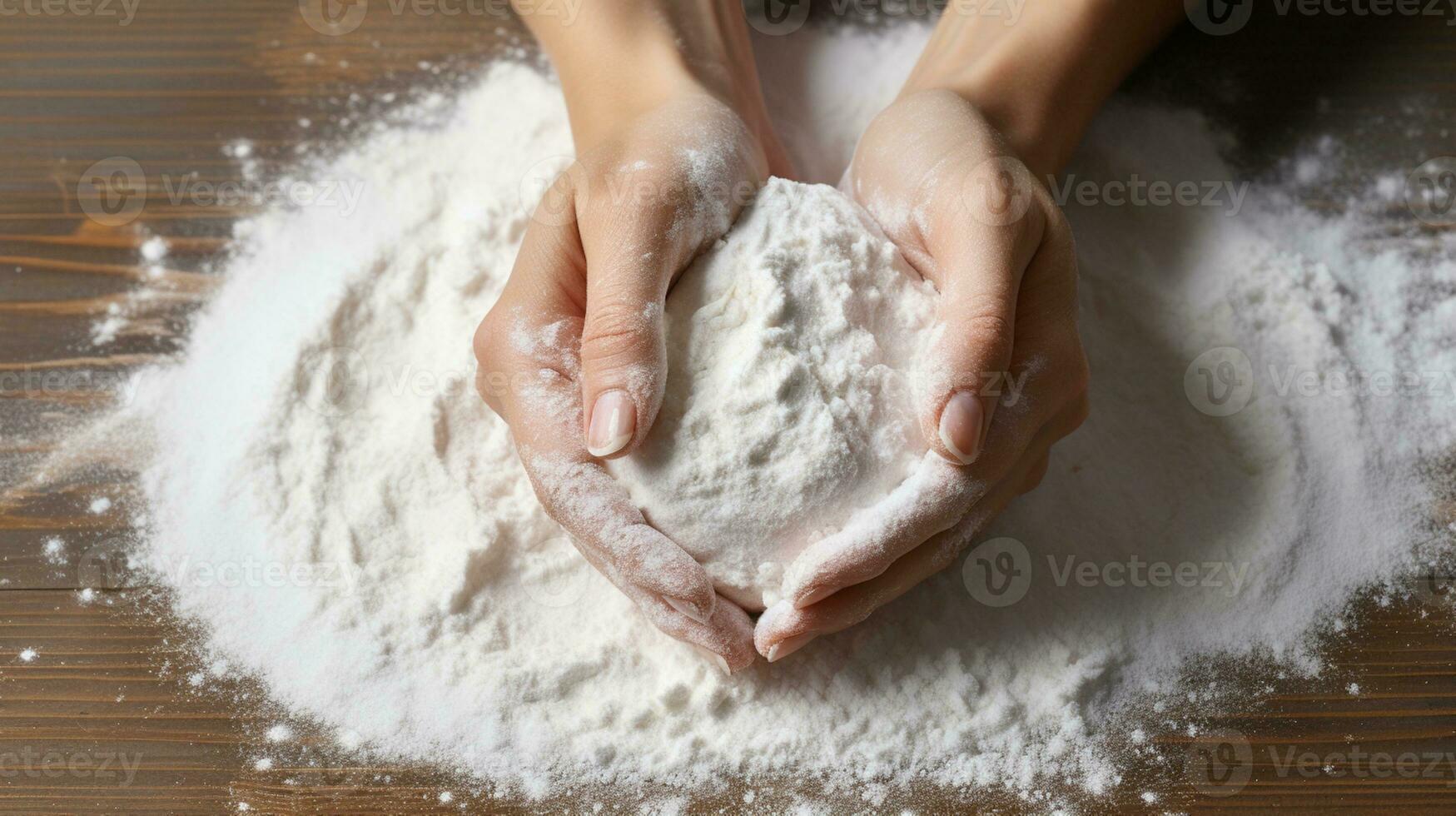 ai generato giovane donna mano Impasto preparazione Pasticcino torta su cucina tavolo foto