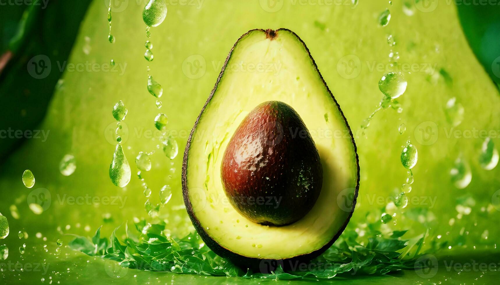 ai generato avocado con gocce di acqua su un' verde sfondo avvicinamento foto