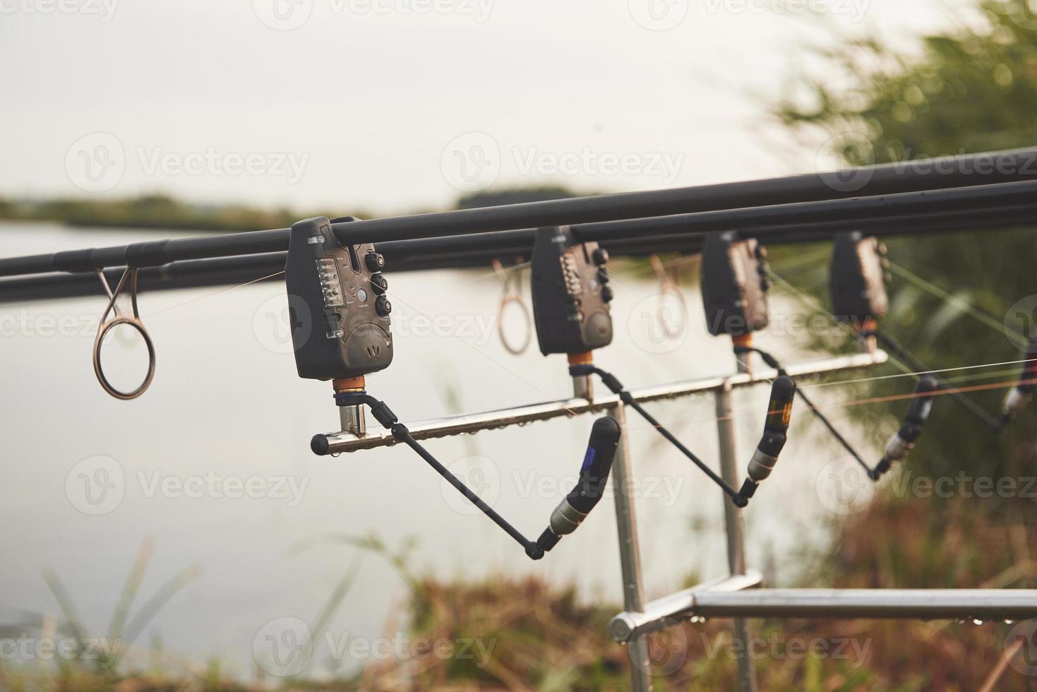 canne da pesca alla carpa in piedi su speciali treppiedi. bobine costose e un sistema radio di uncinetto foto