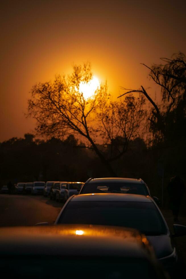 silhouette di macchine nel traffico contro il tramonto foto