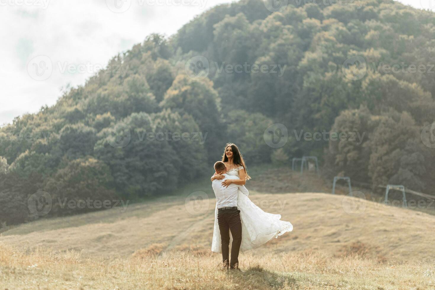 nozze coppia, passeggiate nel il montagne. foto di un' largo Piano. gratuito spazio. il sposo gira il sposa nel il suo braccia, il della sposa vestito si sviluppa nel il vento.