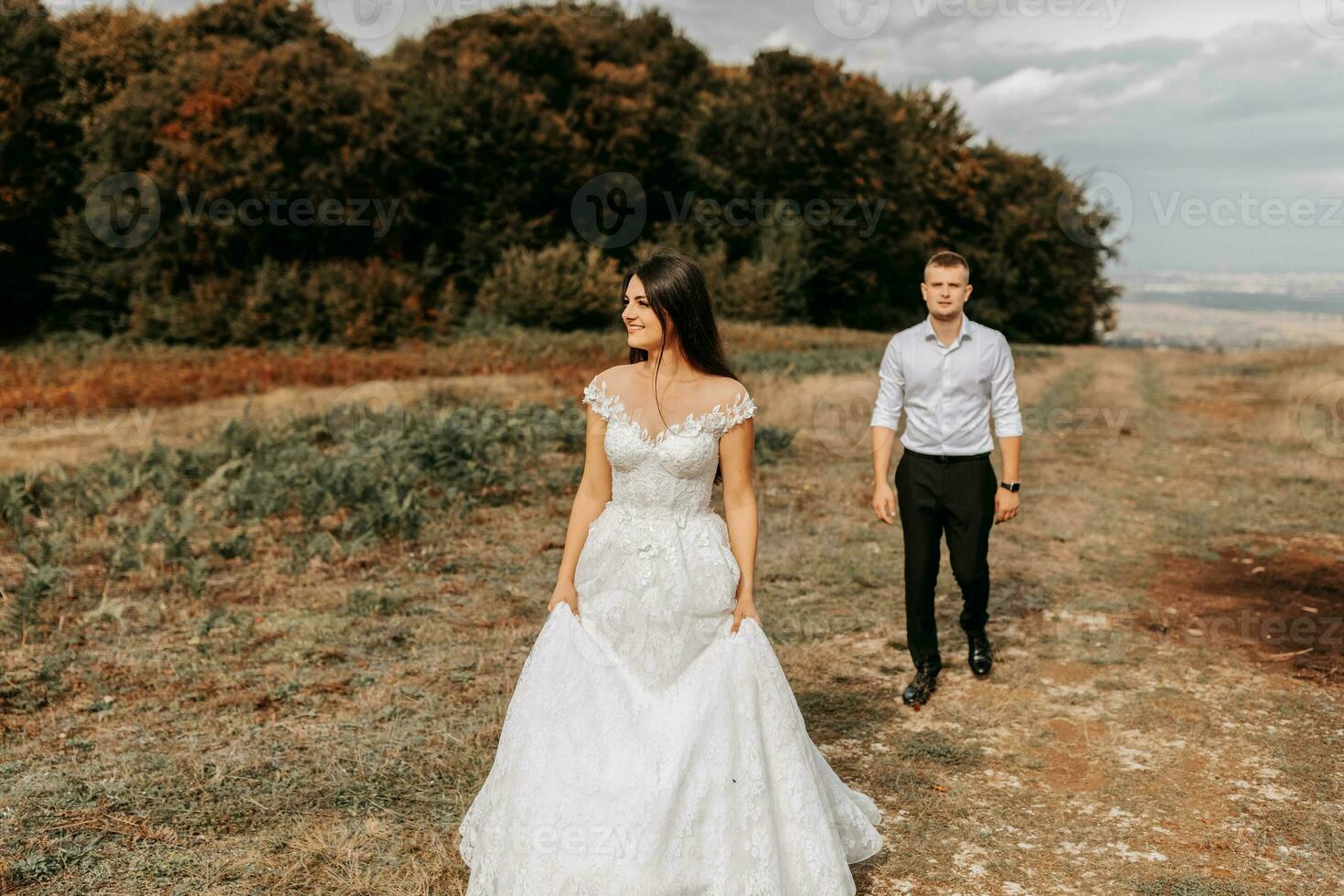 il nozze coppia è a piedi nel il montagne su il sfondo di il autunno foresta, il sposa è nel il primo piano foto