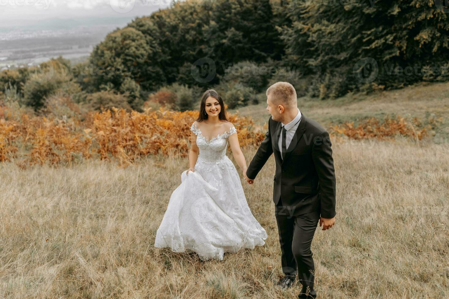 un' romantico fiaba coppia di Novelli sposi siamo a piedi nel un' campo a tramonto, dietro a felce le foglie. il sposa è nel un' bianca nozze vestire, il sposo è nel un' nero classico completo da uomo e un' bianca camicia foto