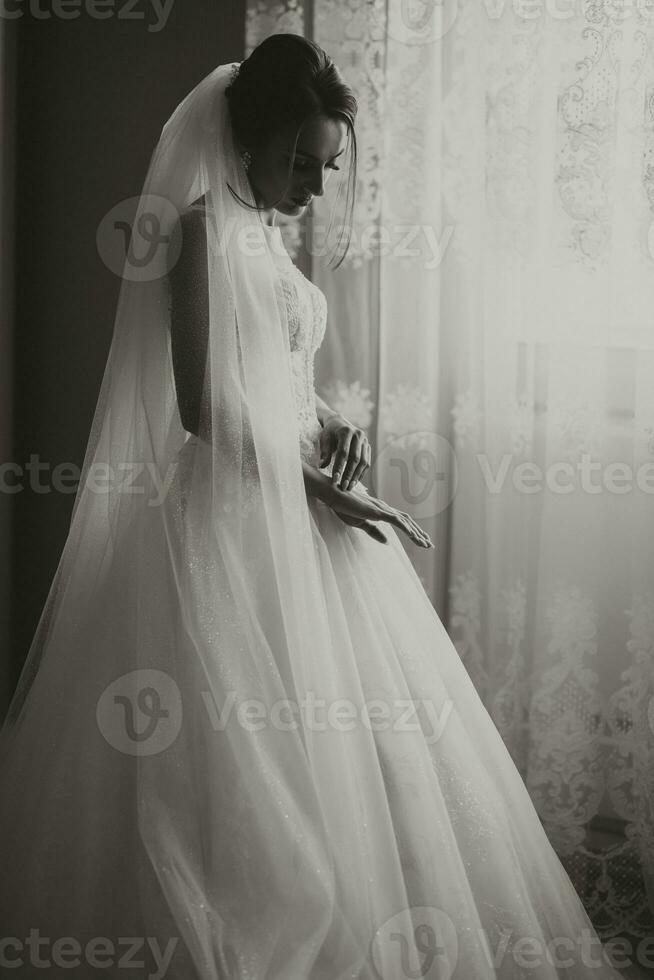 il sposa Spettacoli via sua vestire. francese manicure. nozze vestito fatto di chiffon tessuto. nero e bianca foto