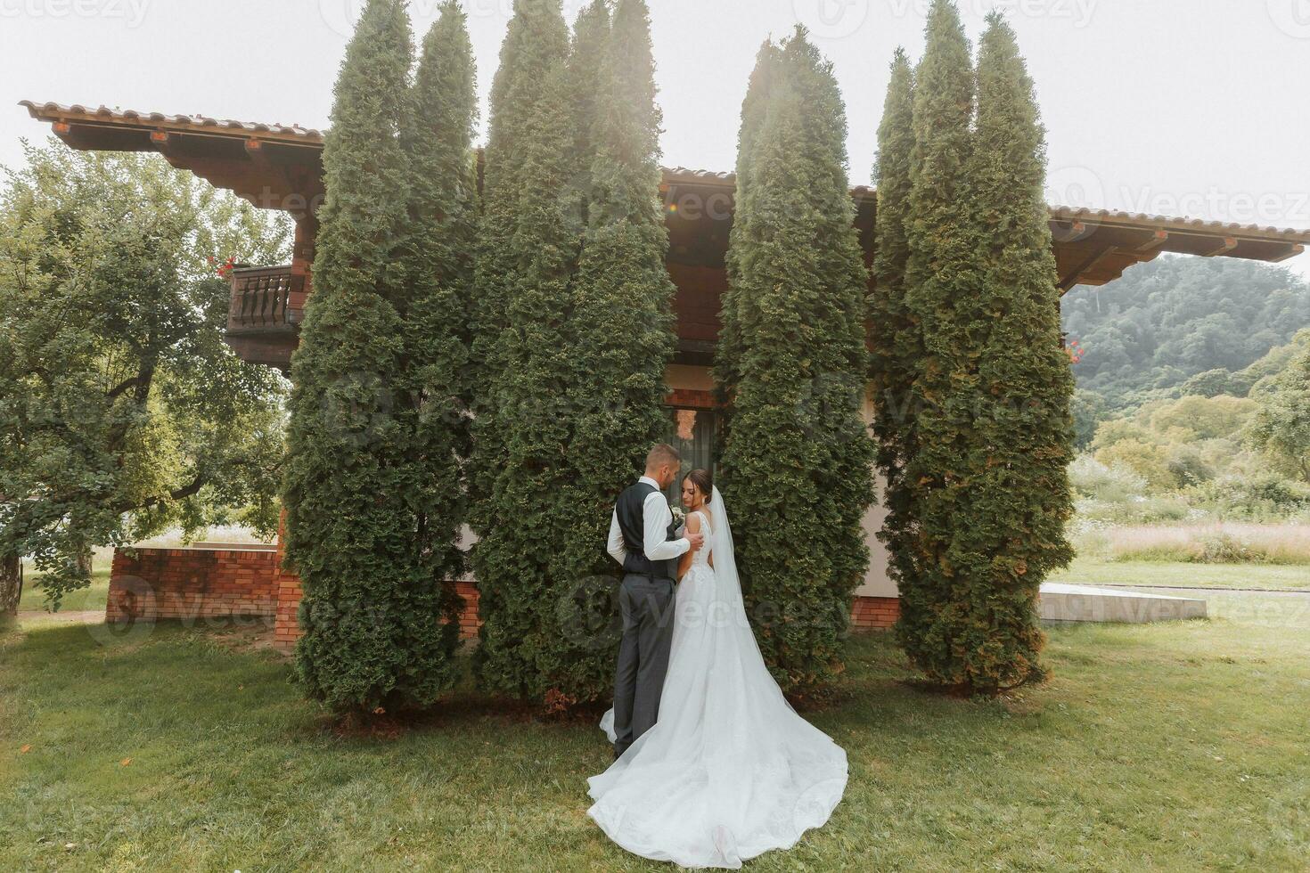 un' bellissimo nozze, un' bellissimo coppia nel amore, ridendo e baci contro il sfondo di un' verde giardino. alto qualità foto