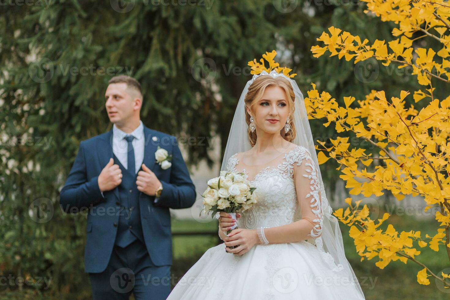 sposo e sposa nel autunno foresta, nozze cerimonia, lato Visualizza. sposo e sposa su il sfondo di ingiallito autunno le foglie. il foto era prese attraverso il ingiallimento le foglie di il alberi