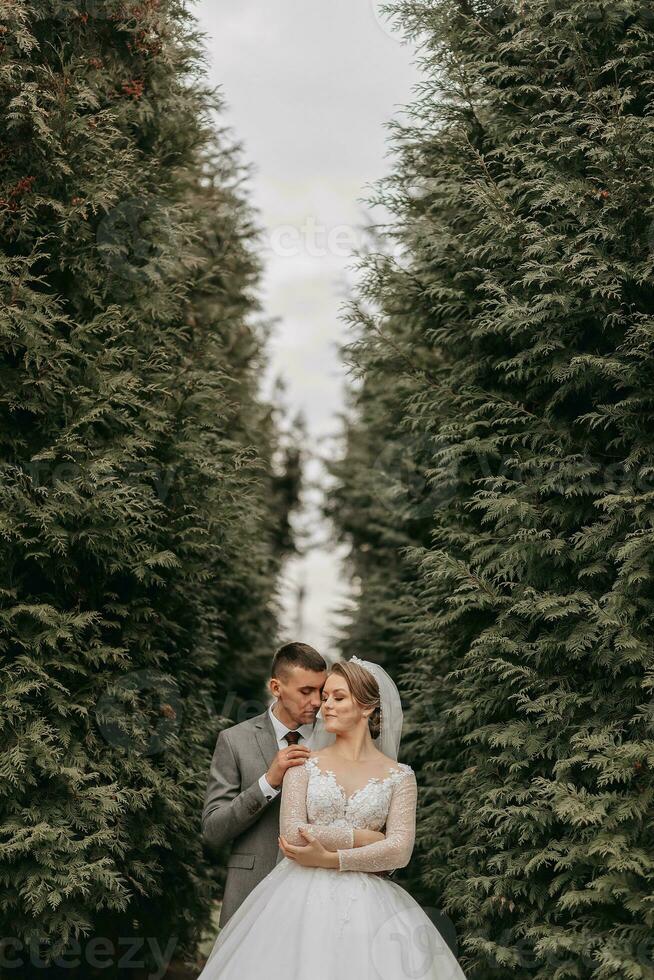 elegante sposa e sposo teneramente abbraccio e bacio. bellissimo sposa con moderno mazzo Abbracciare una persona elegante sposo nel autunno parco. sensuale romantico momento. nozze. elegante e Bellissima. foto