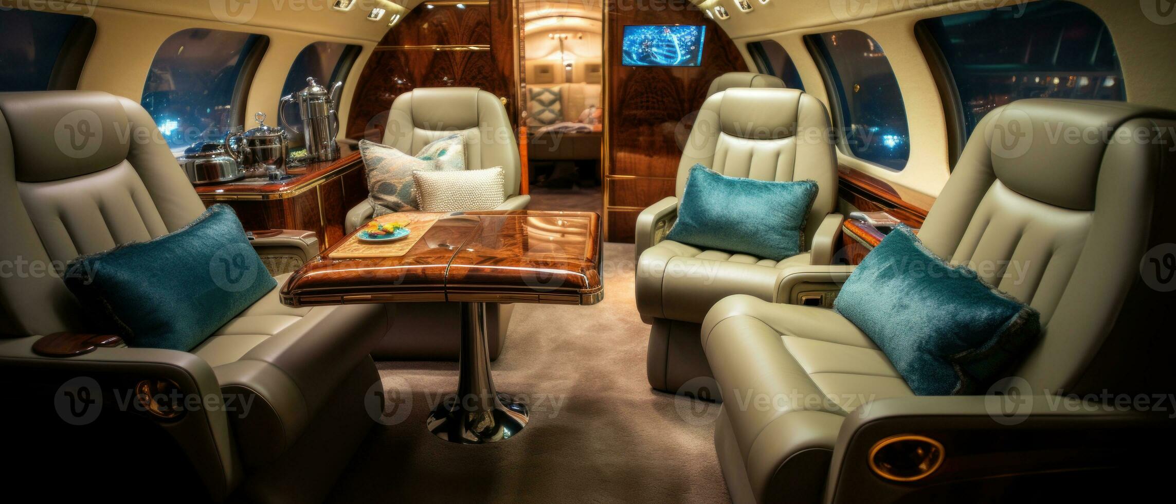 ai generato lussuoso privato Jet interno, pelle sedili, felpa tappezzeria. ai generativo. foto