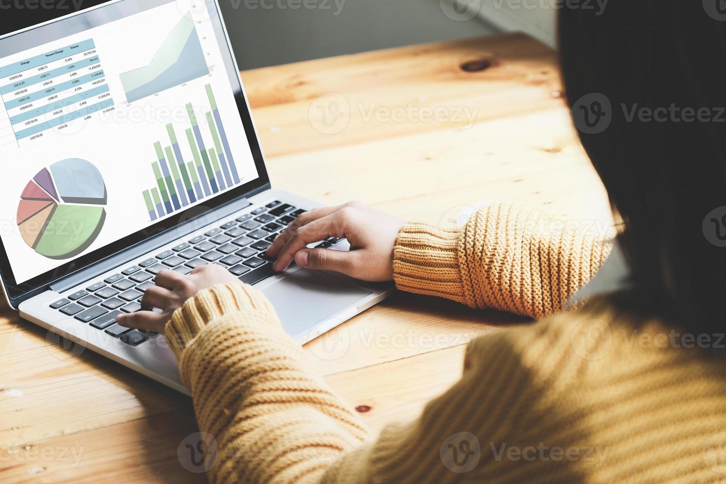 una dipendente che utilizza il computer per controllare il budget di investimento dell'azienda. foto