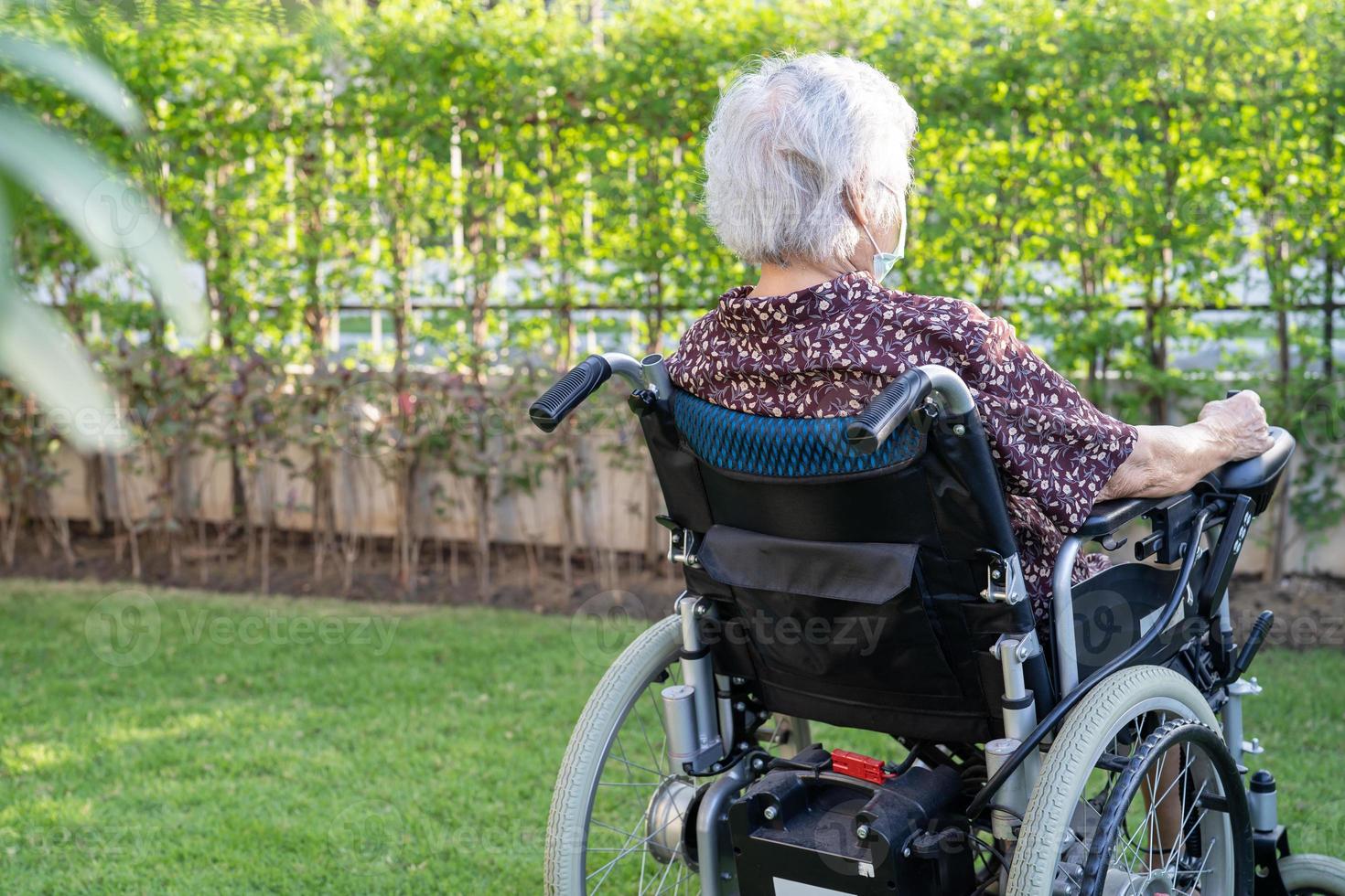 paziente senior asiatico della donna sulla sedia a rotelle elettronica nel parco. foto