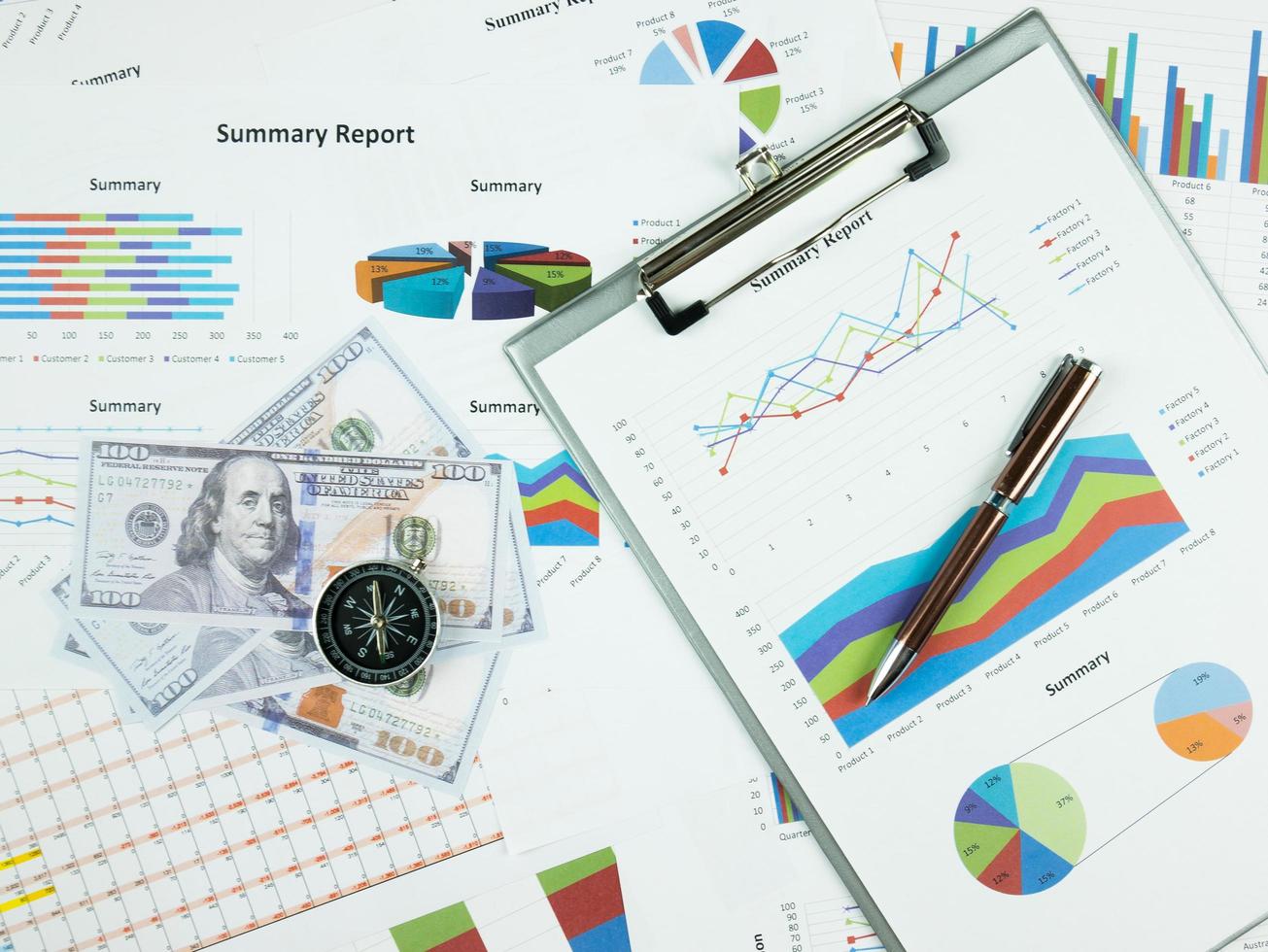 grafico del rapporto aziendale e analisi del grafico finanziario con denaro in dollari, penna e bussola sul tavolo foto