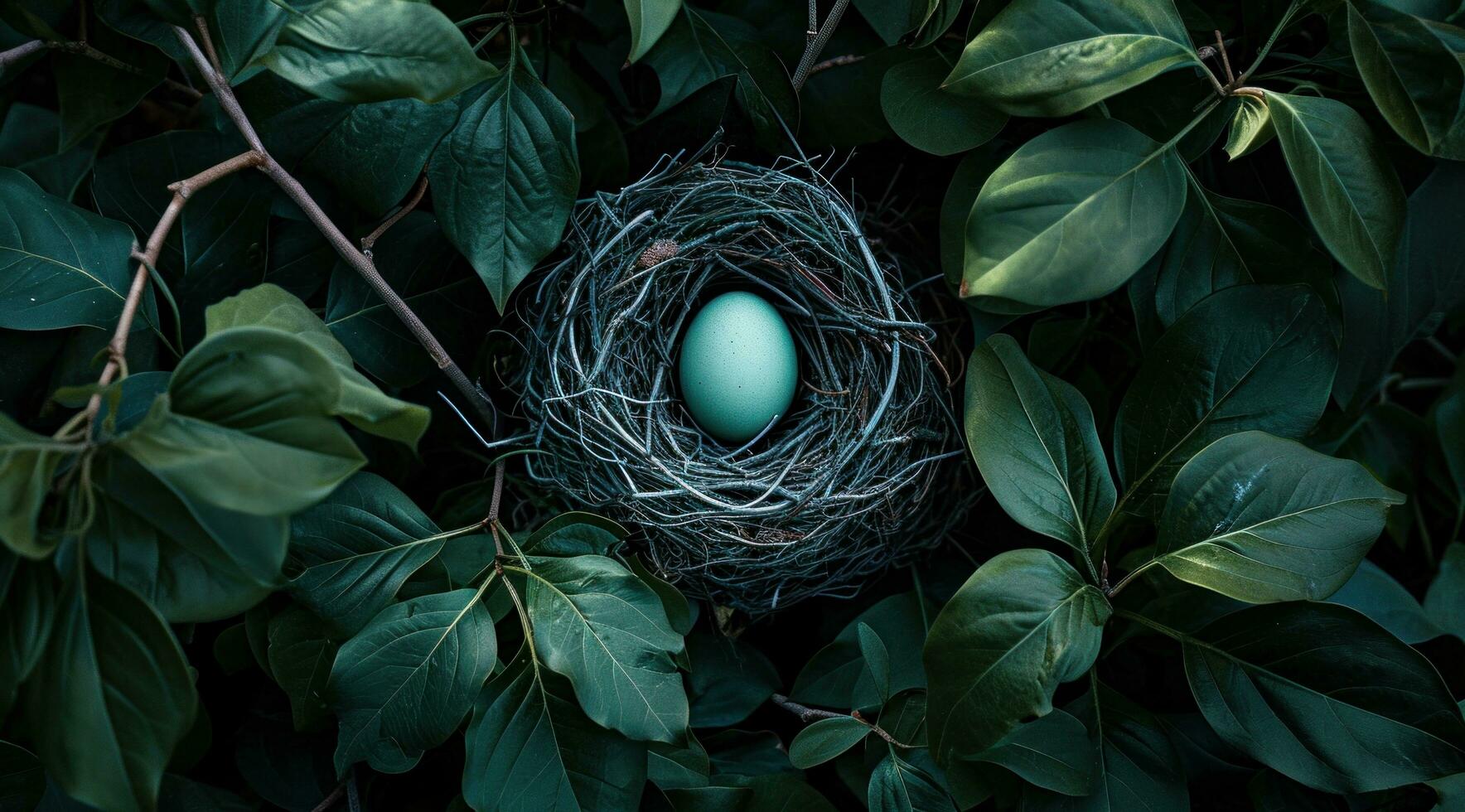 ai generato un' uccello Nidificazione un' blu uovo su blu sfondo foto